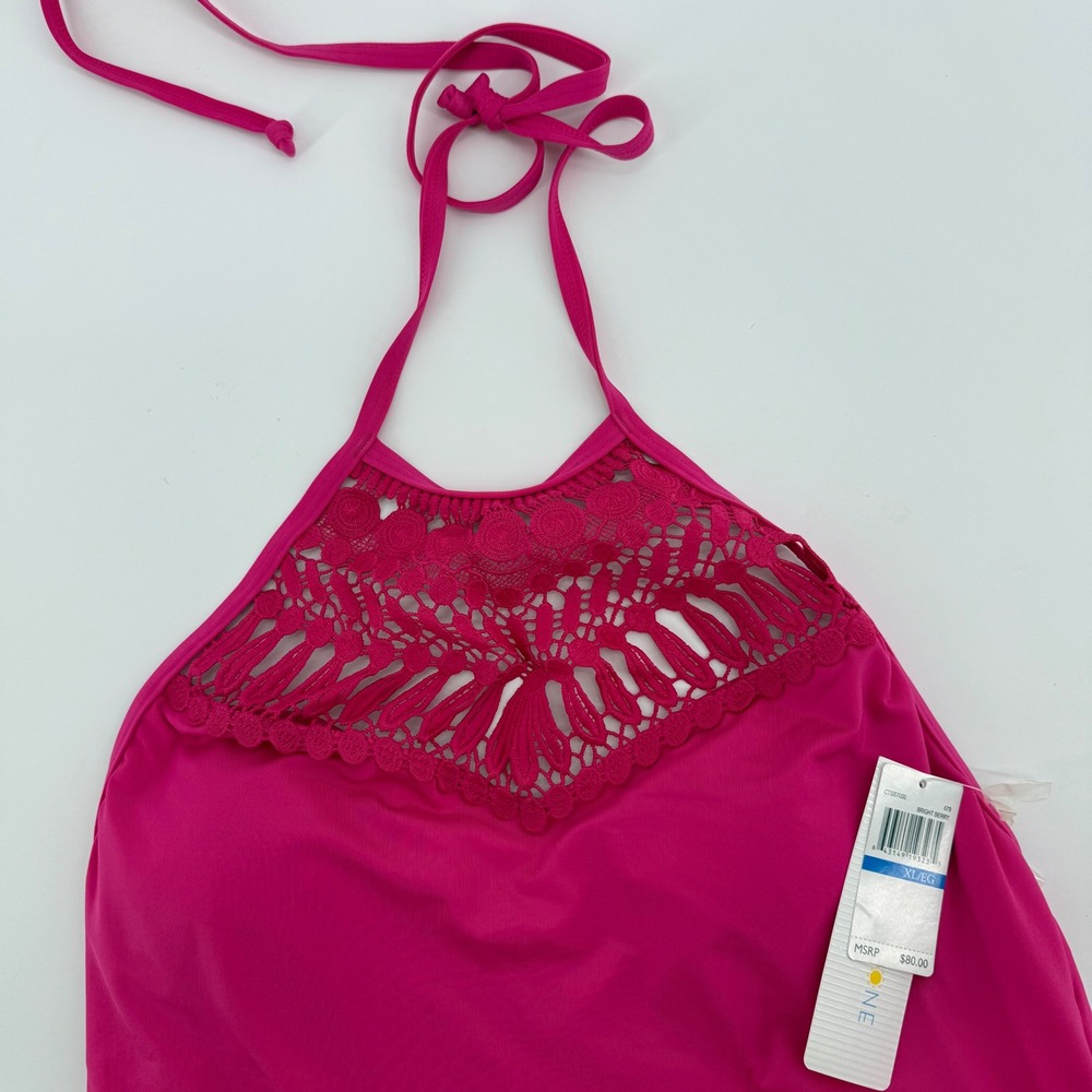 Jantzen Coastal Zone Women's XL Bright Berry Pink Crochet Lace Halter Swimsuit